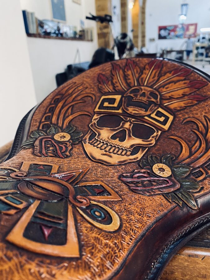 Mayans Skull Tooled leather motorcycle seat Bobber Chopper