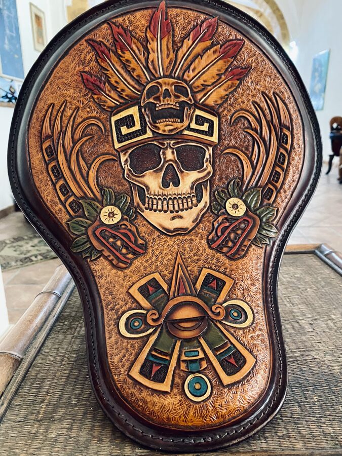 Mayans Skull Tooled leather motorcycle seat Bobber Chopper