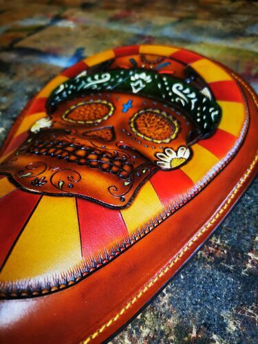 Sugar Skull Day of the Dead Bobber custom Leather Tooled seat