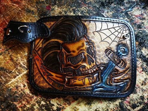 Psychobilly Rockabilly Handmade tooled leather chain wallet
