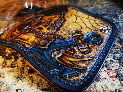 Psychobilly Rockabilly Handmade tooled leather chain wallet