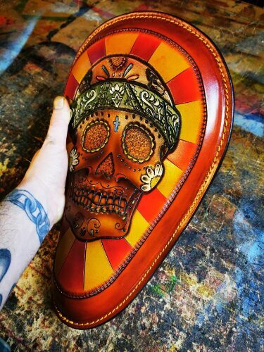 Sugar Skull Day of the Dead Bobber custom Leather Tooled seat