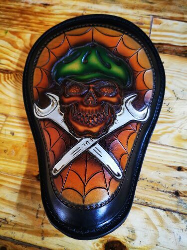 Skull and Wrenches Tooled leather motorcycle seat Bobber Chopper