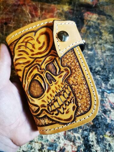 Skull Handmade tooled leather chain wallet
