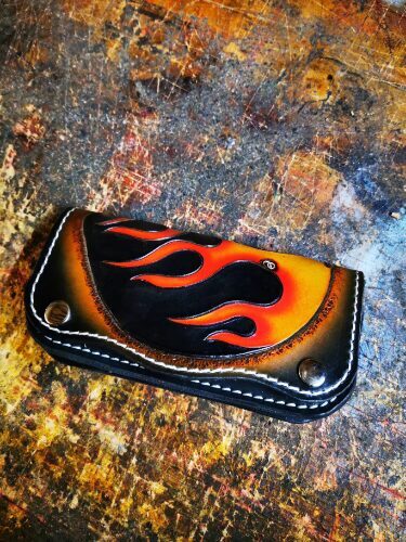 On Flame Hand tooled leather wallet  skull flame helmet