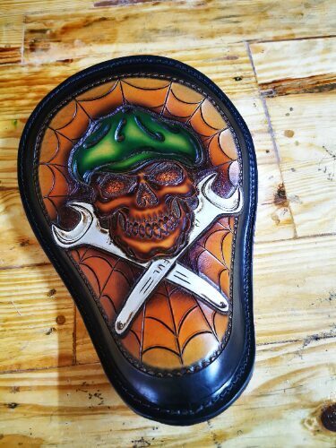 Skull and Wrenches Tooled leather motorcycle seat Bobber Chopper