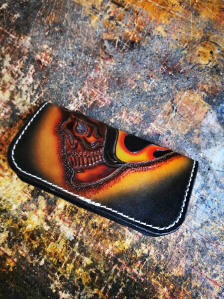 On Flame Hand tooled leather wallet  skull flame helmet