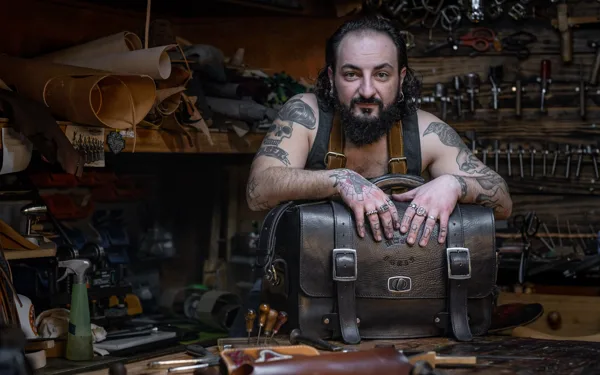 Claudio Nosari with a custom made camera bag